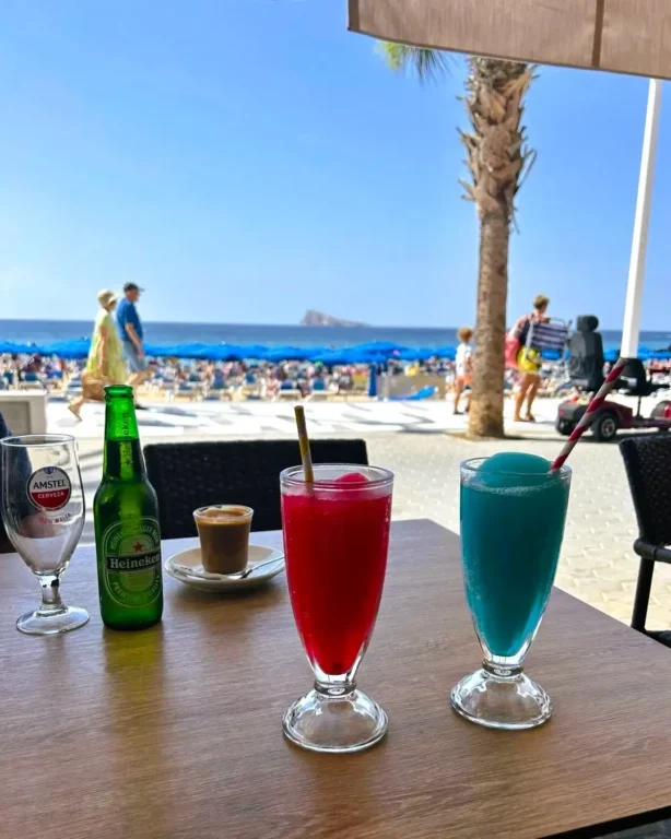 View of Isla de Benidorm with iced drinks.