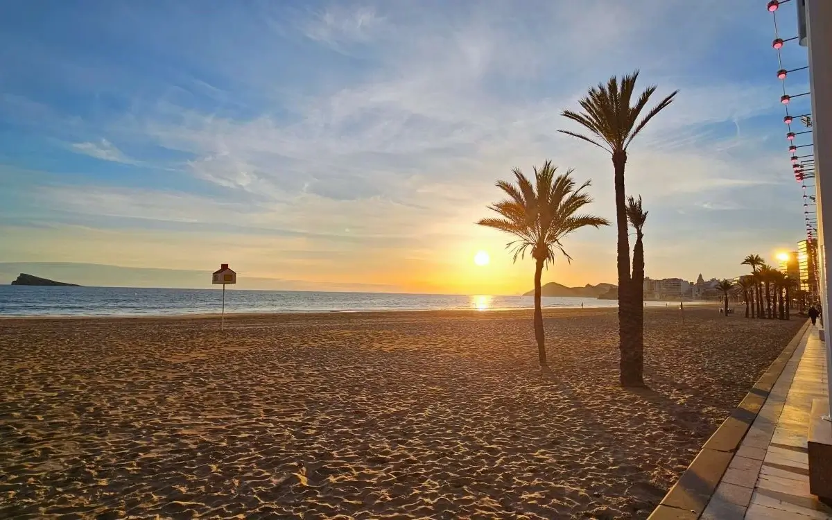 Suns setting over Levante Beach, Benidorm.